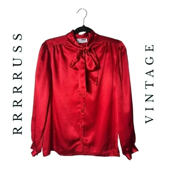 1376. VINTAGE 80’ SATIN POLY PUSSYBOW BLOUSE BY RRRRRUSS RED COLOR BUTTON DOWN - Picture 1 of 9